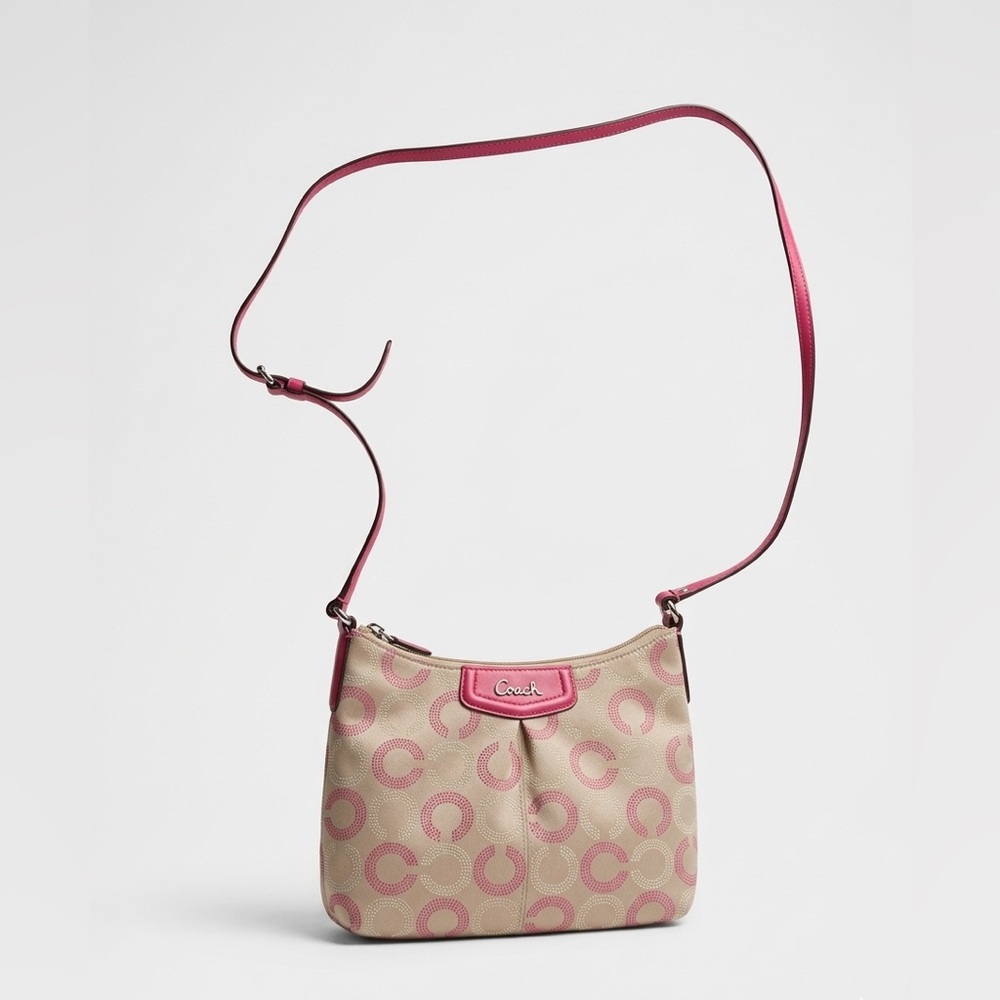 COACH Pink Signature Crossbody Shoulder Bag Beige Canvas & Pink Leather Trim Y2K